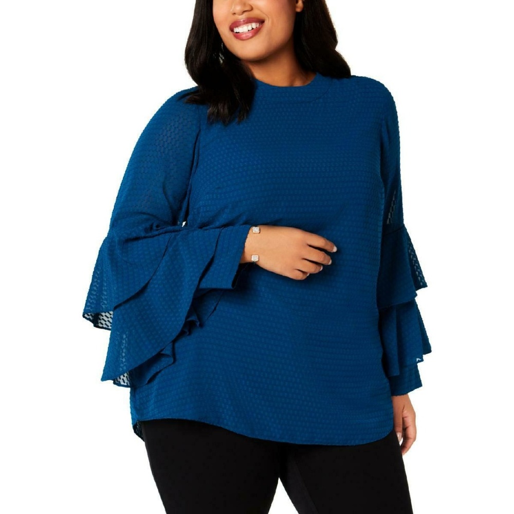 Alfani Textured Tiered Ruffle Long Sleeve Teal Top